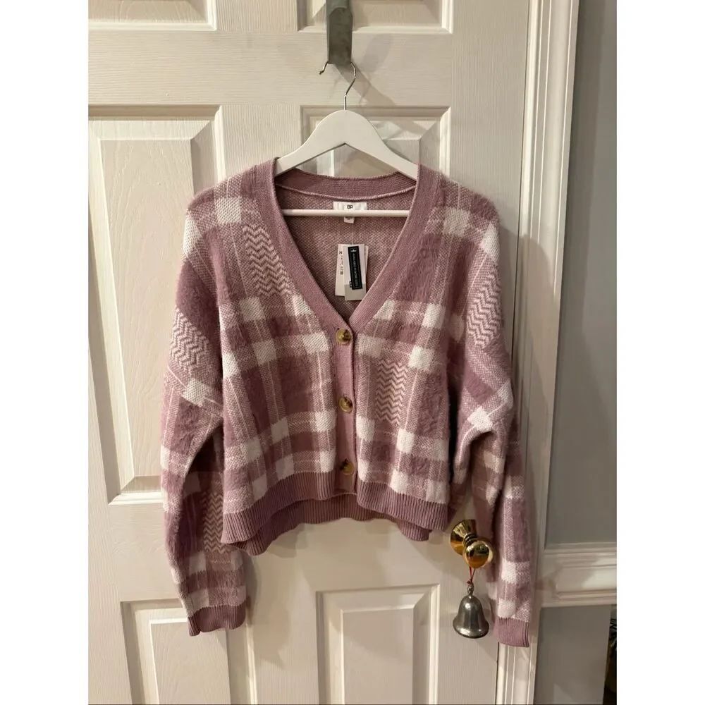 BP Lavender & White Plaid Soft Short Boxy Cardigan Sweater sz 2X NWT